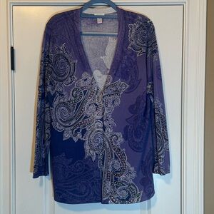 Chicos Ladies size 3 (XL) Purple Paisley Cardigan with button & sparkle